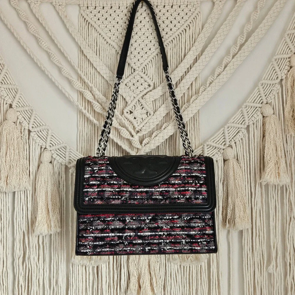 Tory Burch‎ Fleming Tweed Convertible Shoulder Bag Multicolor Quilted Leather